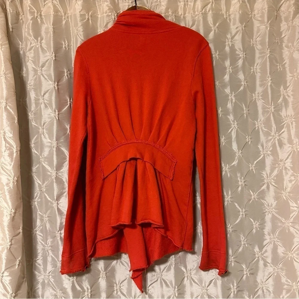 Free People  Ebb & Flow Coral Pink Red Asymmetrical Zip Ruffle Sweater Jacket